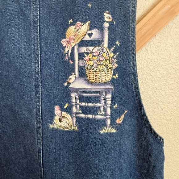 Vintage Denim Jean Midi Overall Chore Dress Women's LARGE Cottage Prairie Birds - Picture 7 of 10